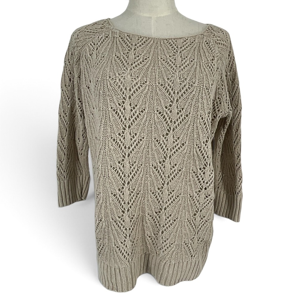 St Johns Bay Womens Beige Pointelle Open Knit Sweater Ramie Cotton Size M